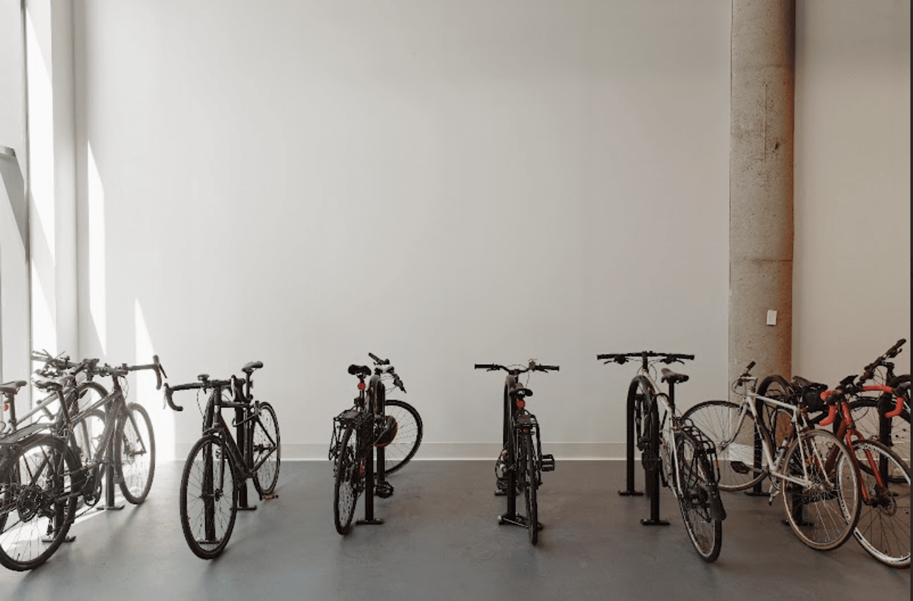 Bikes sit parked in The Engine's bike room.